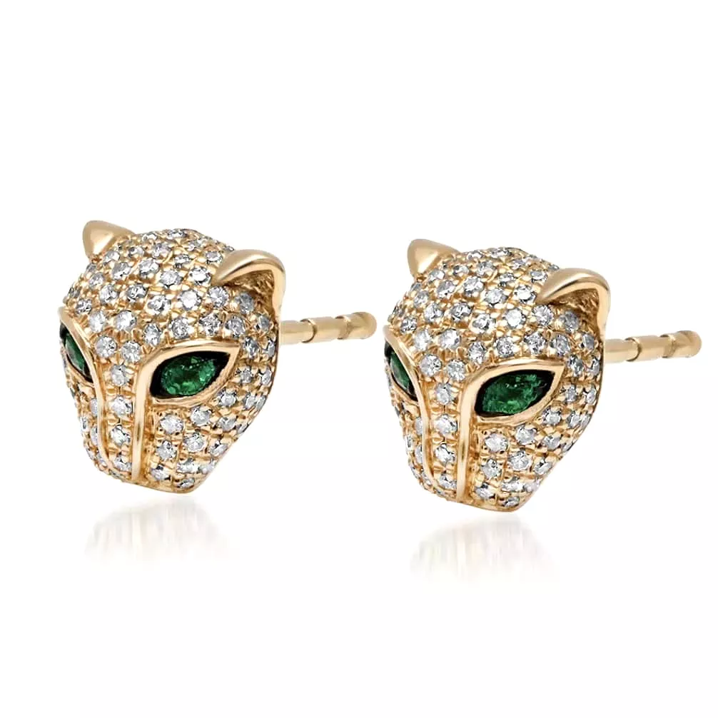 14K Gold Panther Stud Earrings with Emerald Eyes