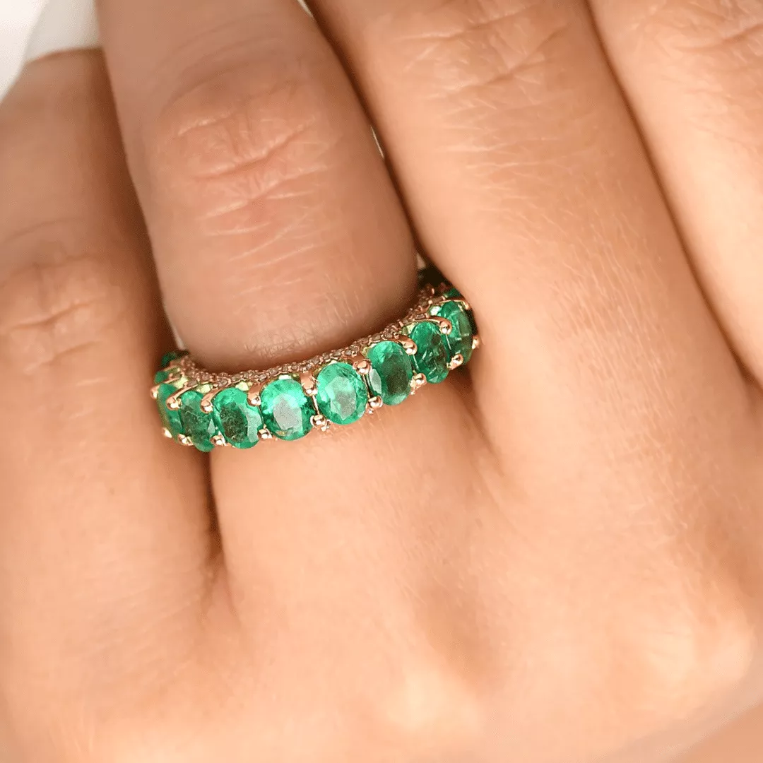 14K or 18K Gold Emerald and Pave Diamond Eternity Band