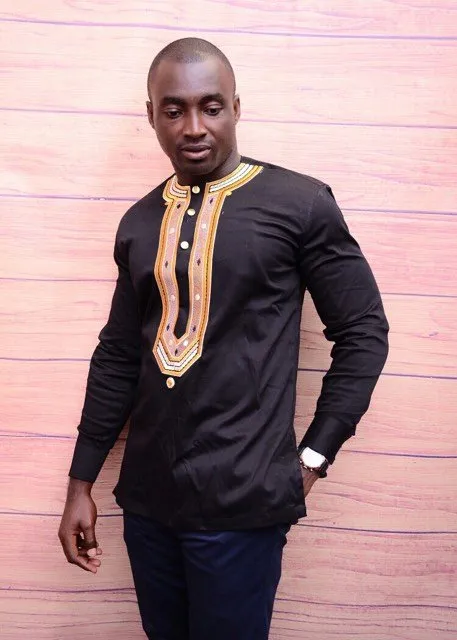 Afolabi Mens Black Polish Cotton Shirt With Gold Embroidery - African Clothing Store | JT Aphrique