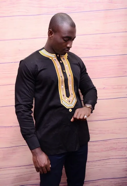 Afolabi Mens Black Polish Cotton Shirt With Gold Embroidery - African Clothing Store | JT Aphrique