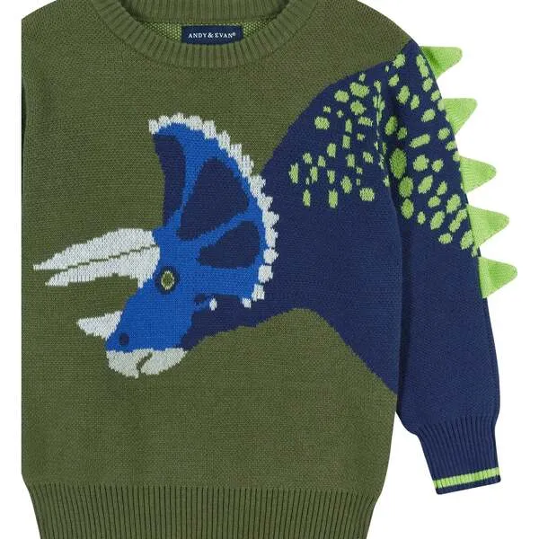 Andy & Evan Olive Triceratops Intarsia Sweater