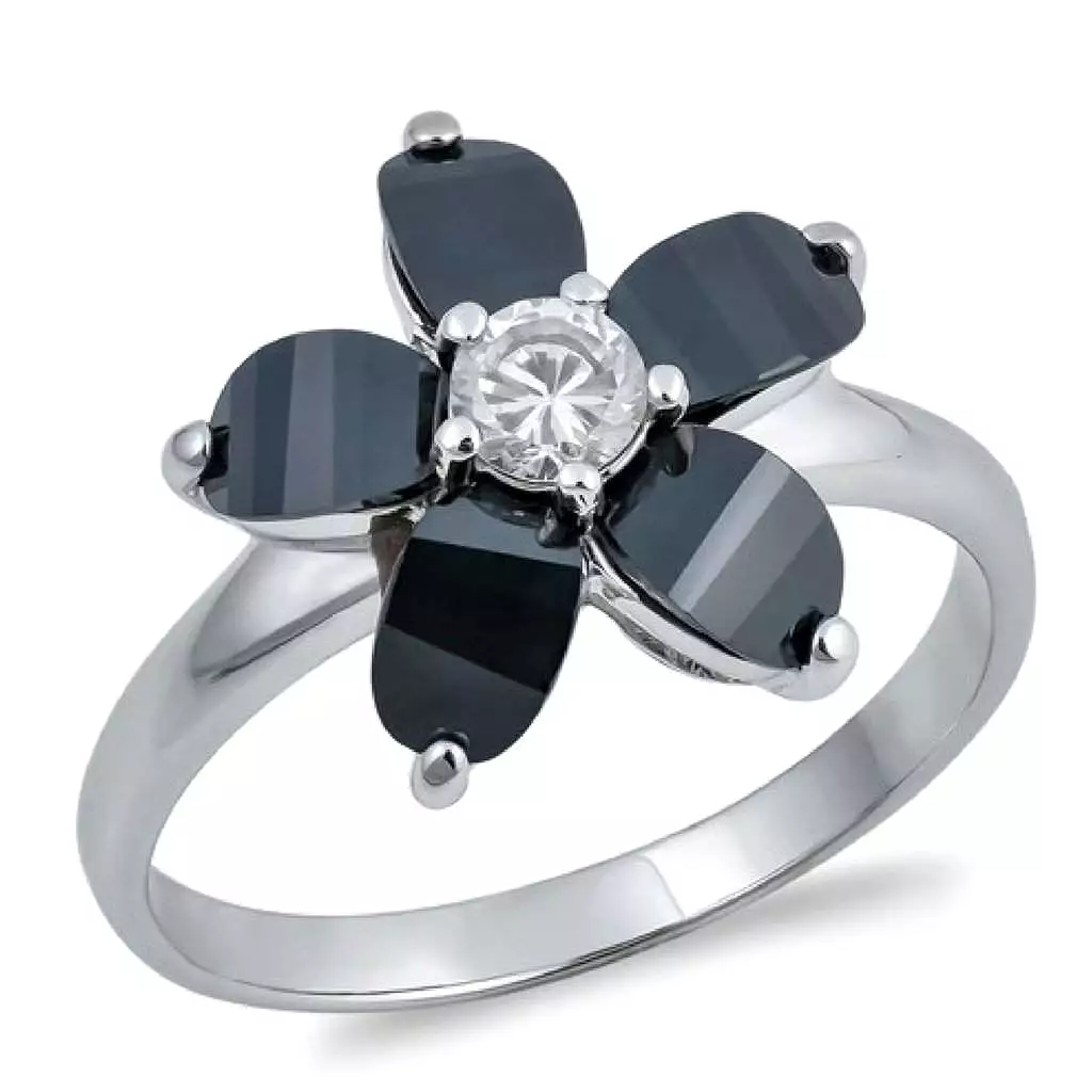 Black and Clear CZ Plumeria Flower Ring