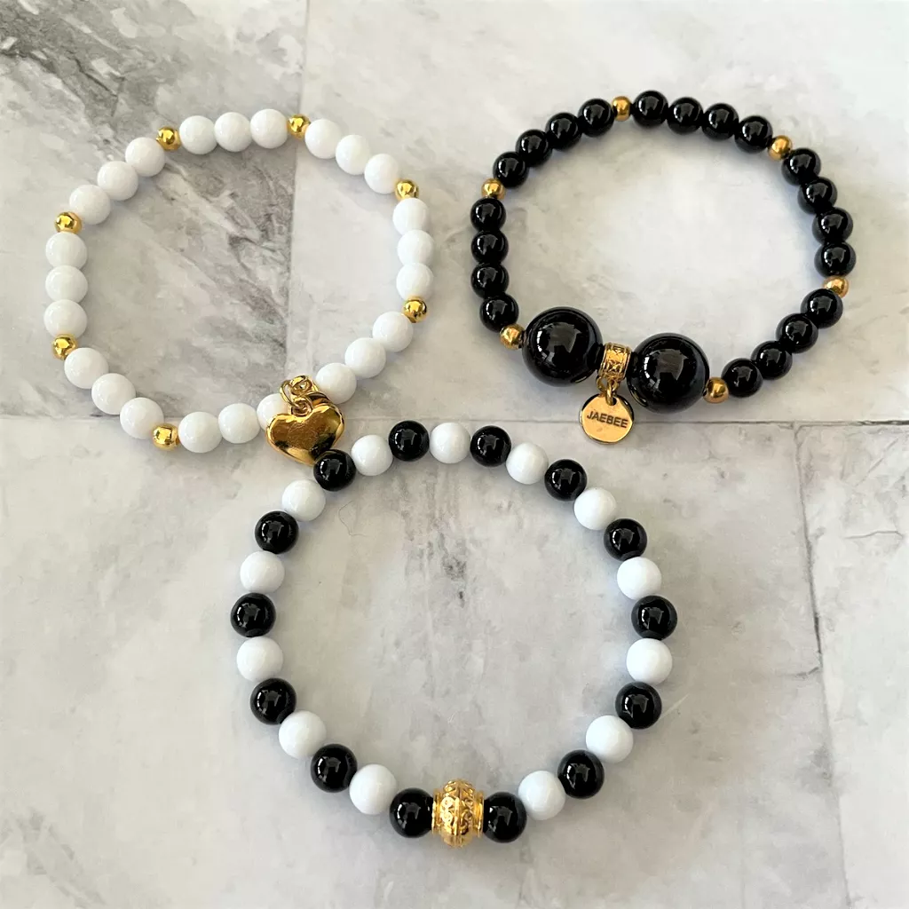 Black and White Gold Beaded Bracelet Stack