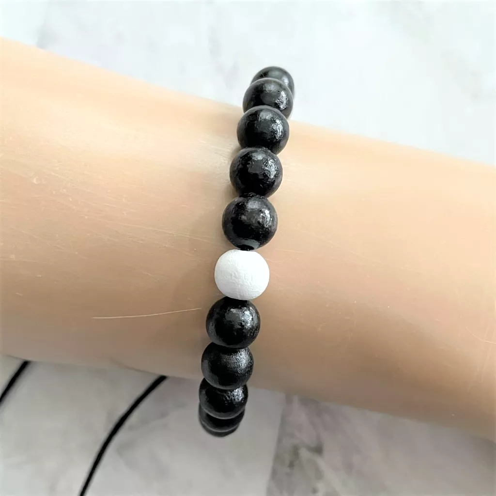 Black and White Mens Wood Beaded Adjustable Bracelet