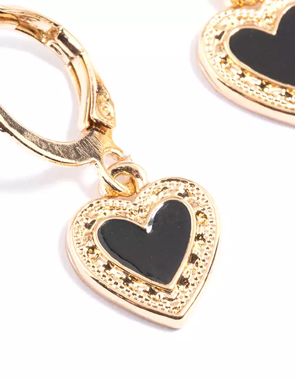 Black Enamel Heart Huggie Earrings