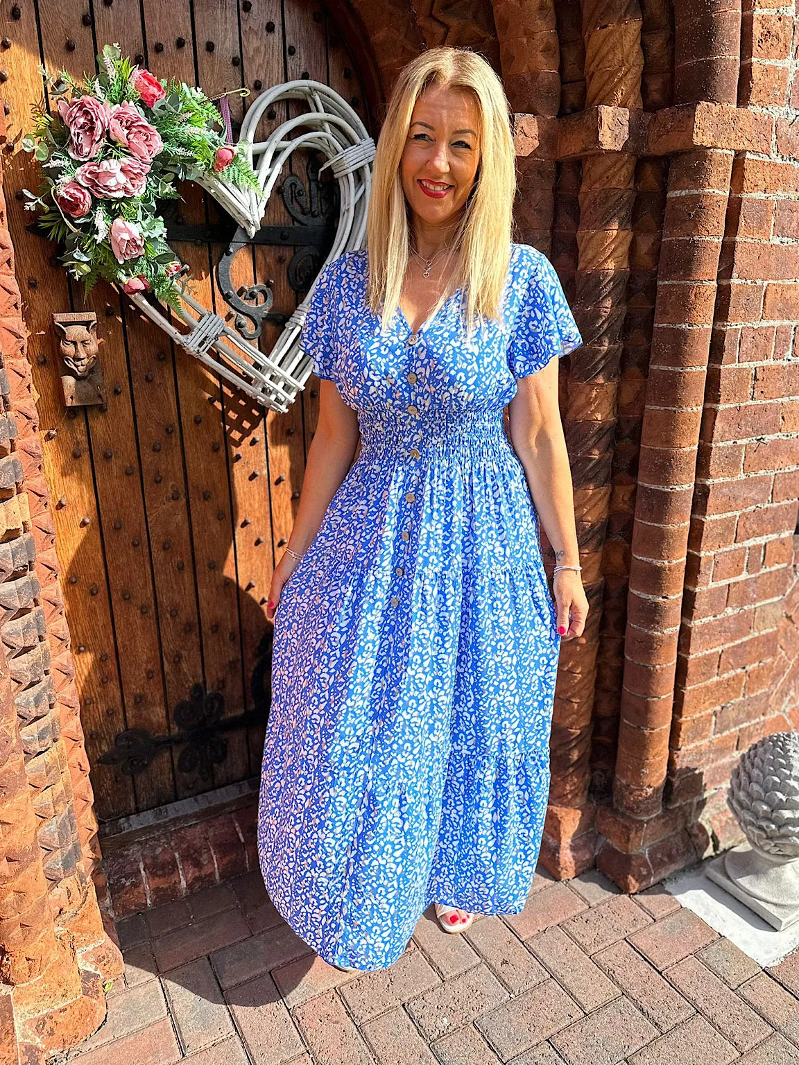 Blue Ditsy Leopard Gold Leaf Dress Danielle