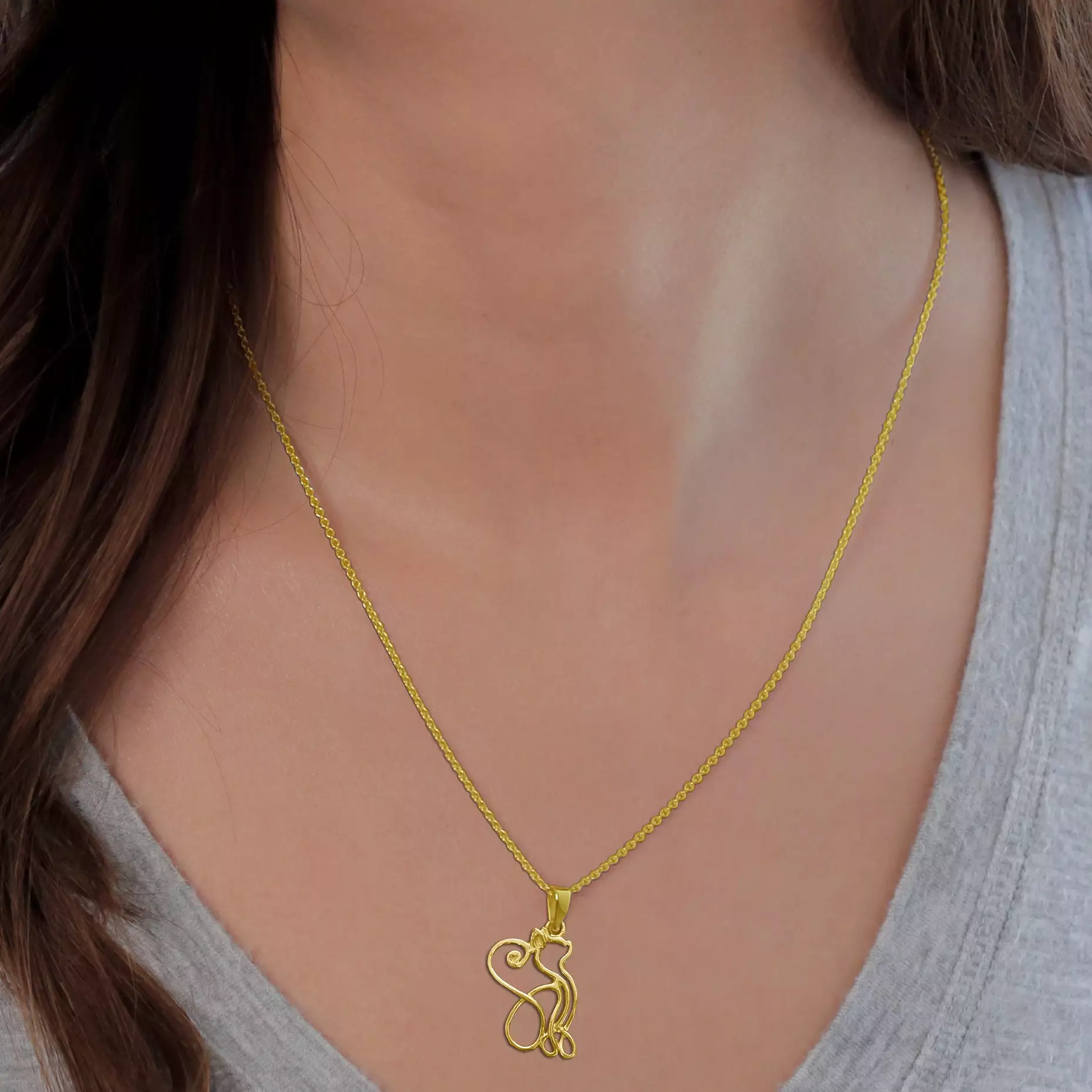 Cat Silhouette Pendant Necklace - Gold Plated