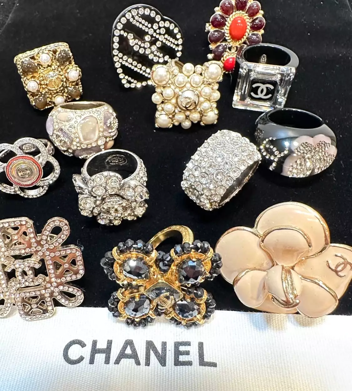 Chanel 2010 Crystal Camellia Flower Cocktail Ring Size 6.5