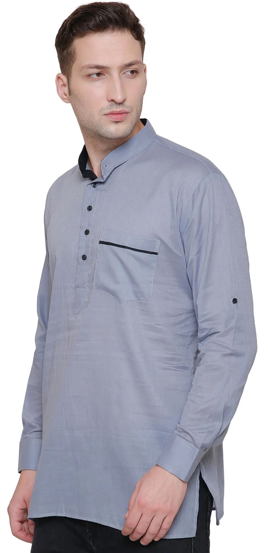 Cotton Mens Designer Short Kurta Fashion Indian Clothing (Grey)