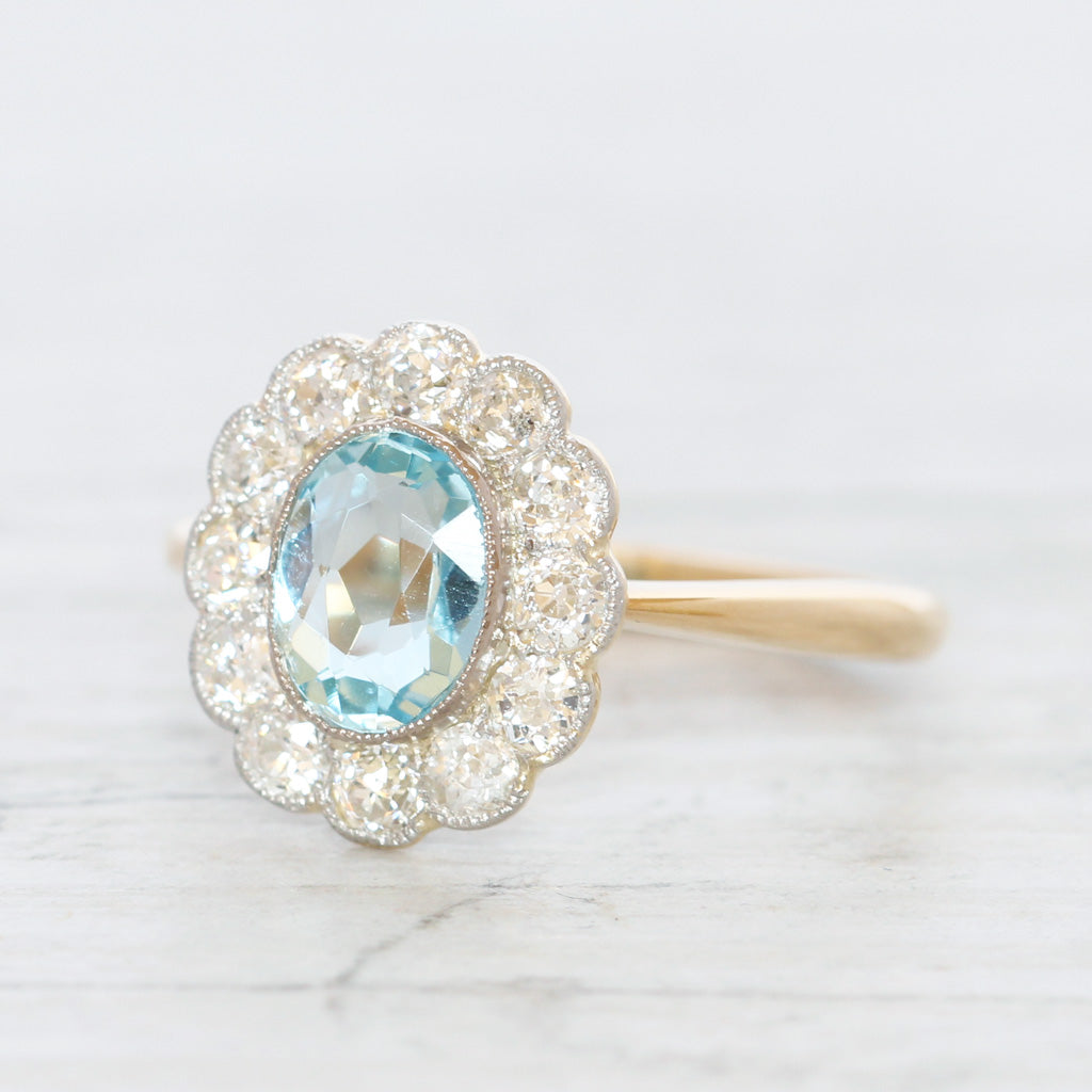 Edwardian 0.90 Carat Aquamarine and Old Cut Diamond Cluster