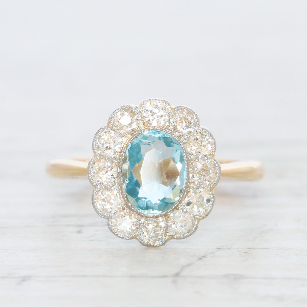 Edwardian 0.90 Carat Aquamarine and Old Cut Diamond Cluster