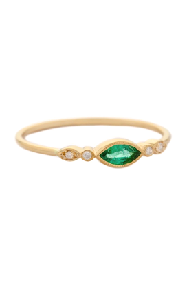 Emerald Marquise & Diamond Eyes Ring- 14k Yellow Gold