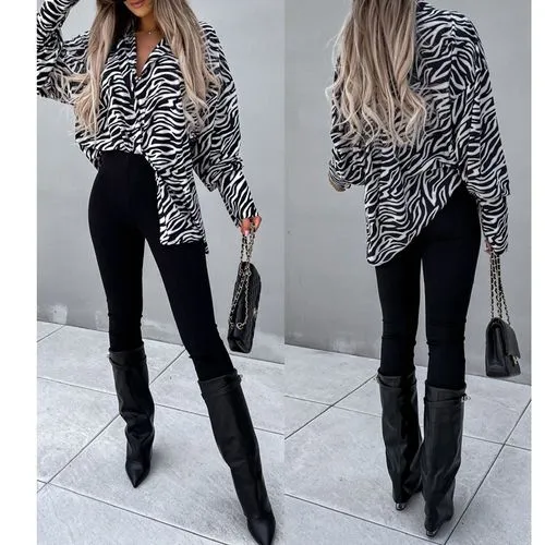 Fashion Zebra Polyester Chiffon Turndown Long Sleeve Regular Sleeve Blouse