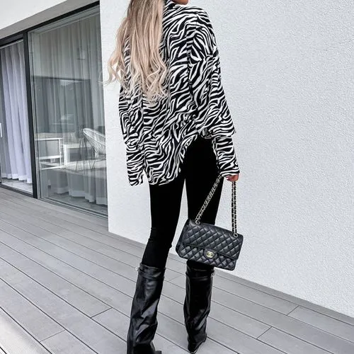 Fashion Zebra Polyester Chiffon Turndown Long Sleeve Regular Sleeve Blouse