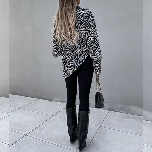 Fashion Zebra Polyester Chiffon Turndown Long Sleeve Regular Sleeve Blouse