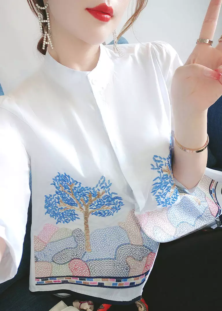 French White Embroidered Button Cotton Shirts Bracelet Sleeve QA1037