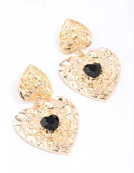 Gold Double Heart Stone Drop Earrings