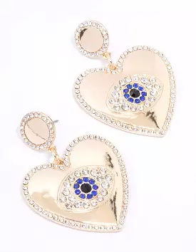 Gold Heart Diamante Eye Drop Earrings