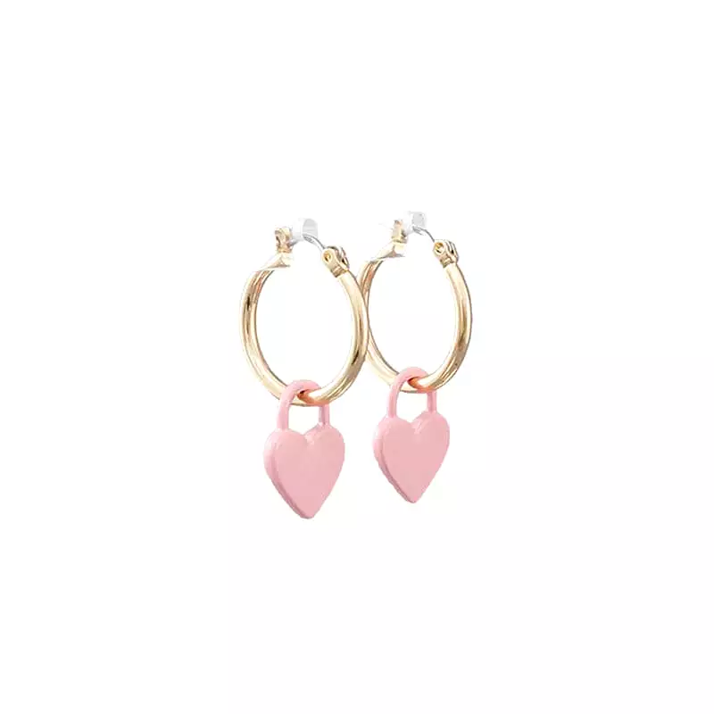 Gold Hoops with Pink Heart Earrings