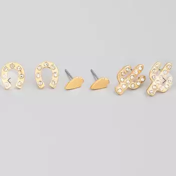 Gold Mini Horseshoe Cactus Stud Earrings Set