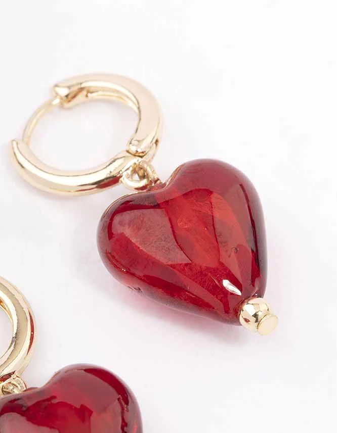 Gold Painted Red Heart Hoop Earrings