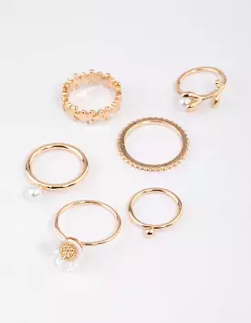 Gold Pearl Flower Ring 6-Pack