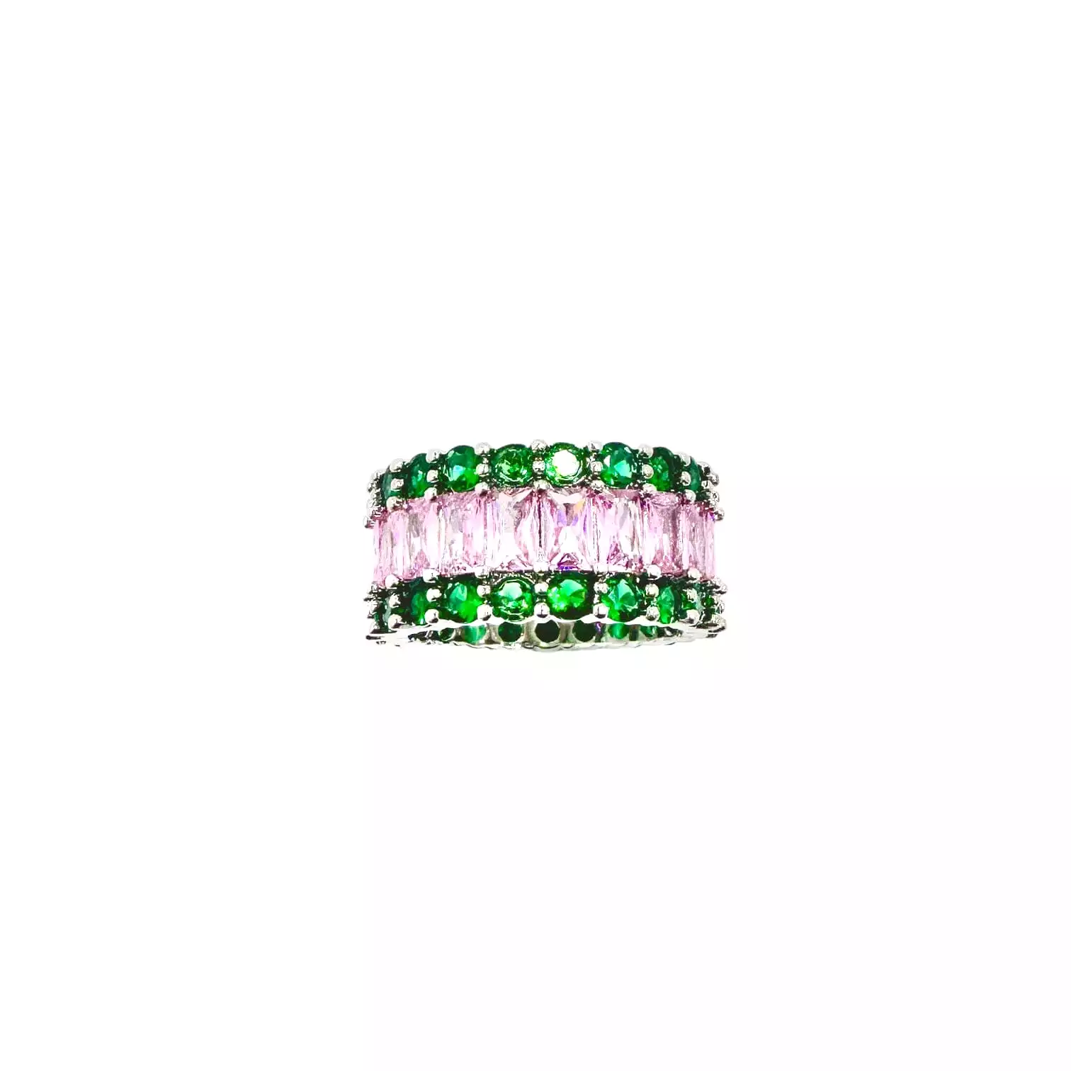 Green Emerald and Pink Sapphire Cluster Eternity Ring