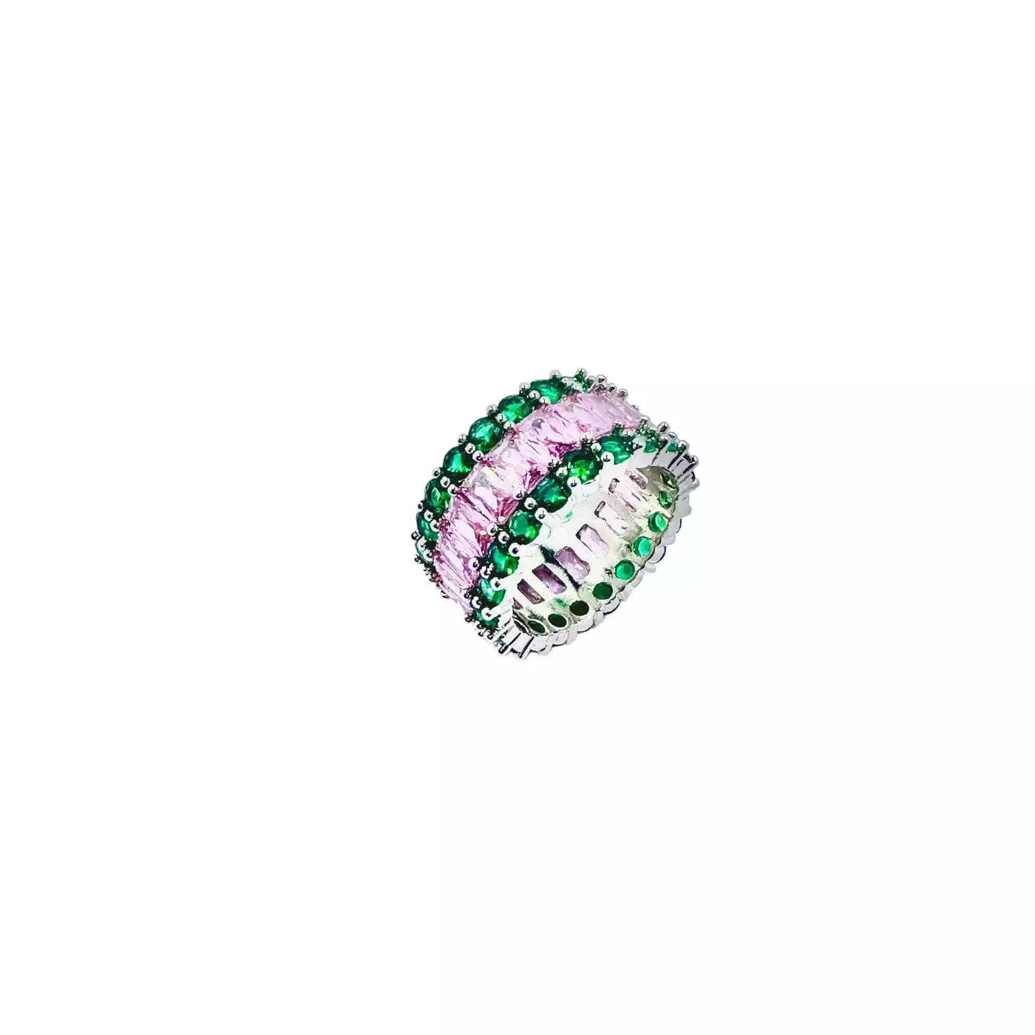 Green Emerald and Pink Sapphire Cluster Eternity Ring