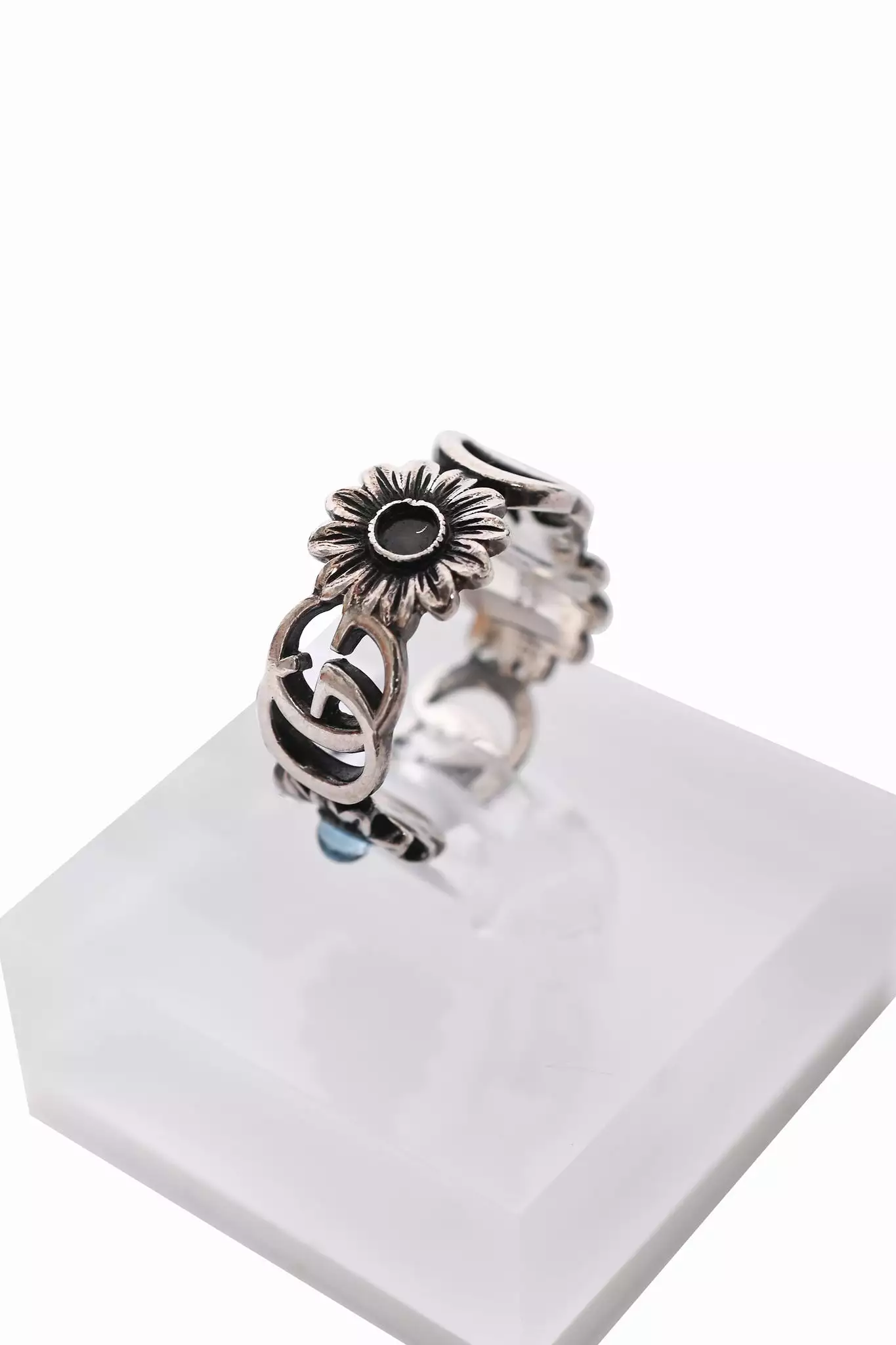 Gucci Sterling Silver GG Blue Topaz Flower Ring