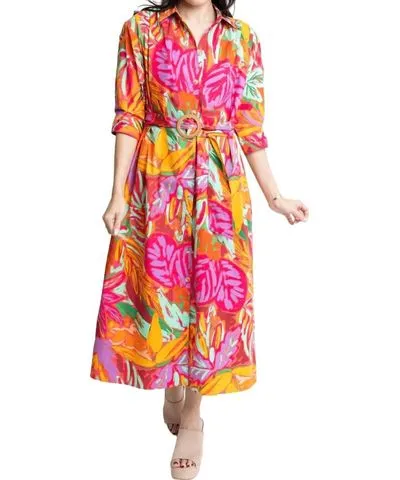 Karlie Abstract Tropical Palm Shirt Dress In Fuschia