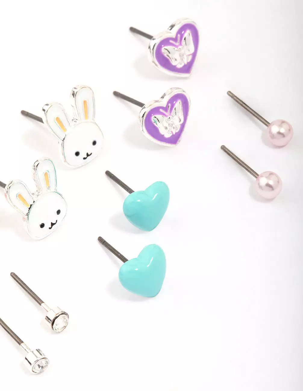 Kids Silver Easter Bunny & Heart Stud Earring 6-Pack