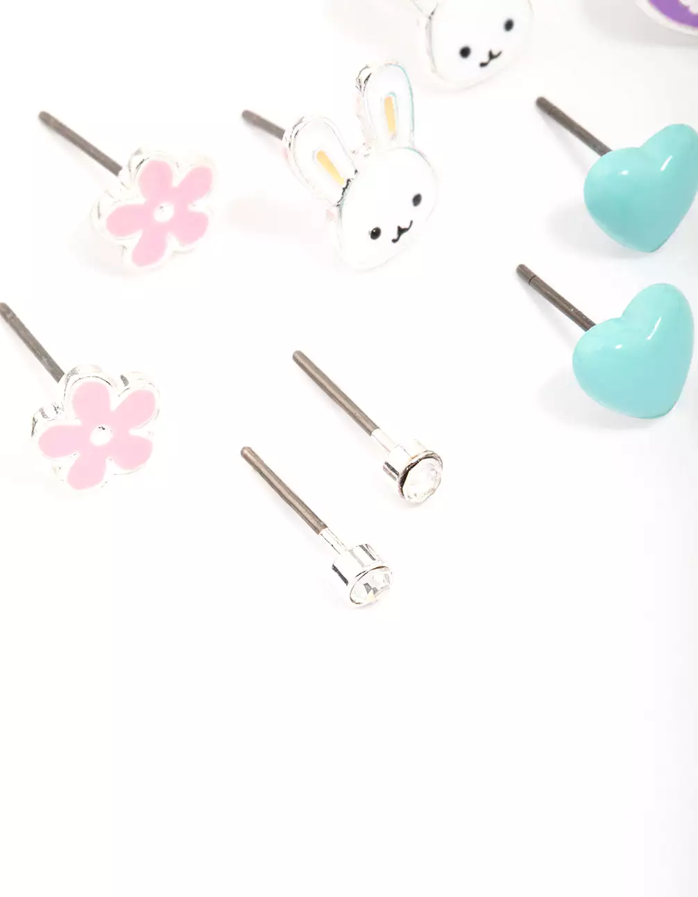 Kids Silver Easter Bunny & Heart Stud Earring 6-Pack