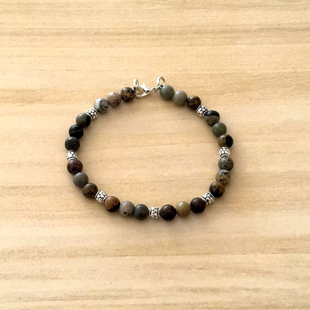 Mens Artisitc Stone and Silver Beaded Bracelet