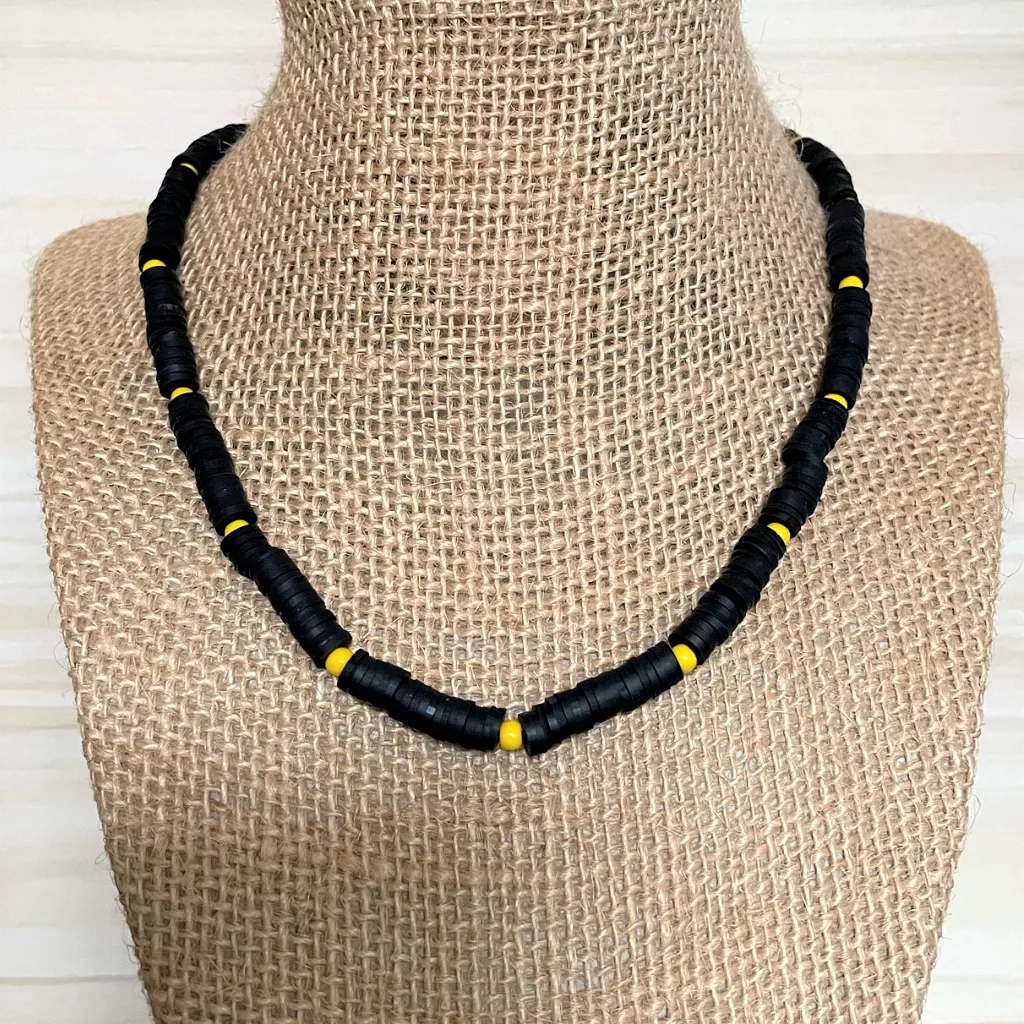 Mens Black Polymer and Yellow Toho Beaded Necklace