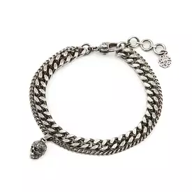 Mens Pave Skull Bracelet, Silver/Grey