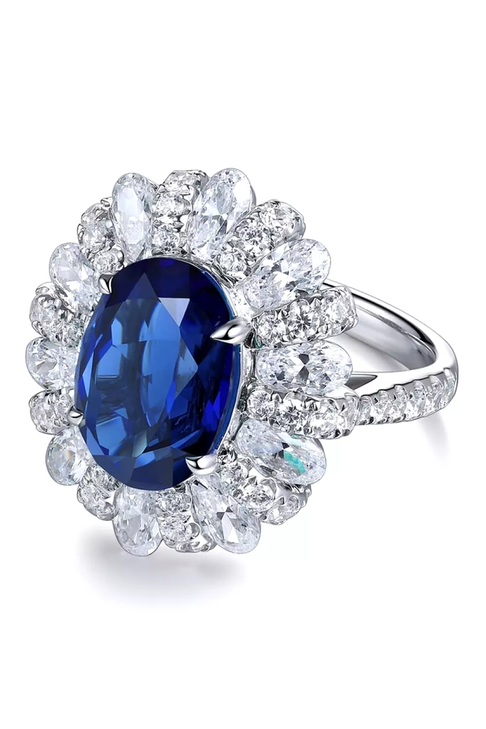 Oval Sapphire in Flower Shape CZ Ring