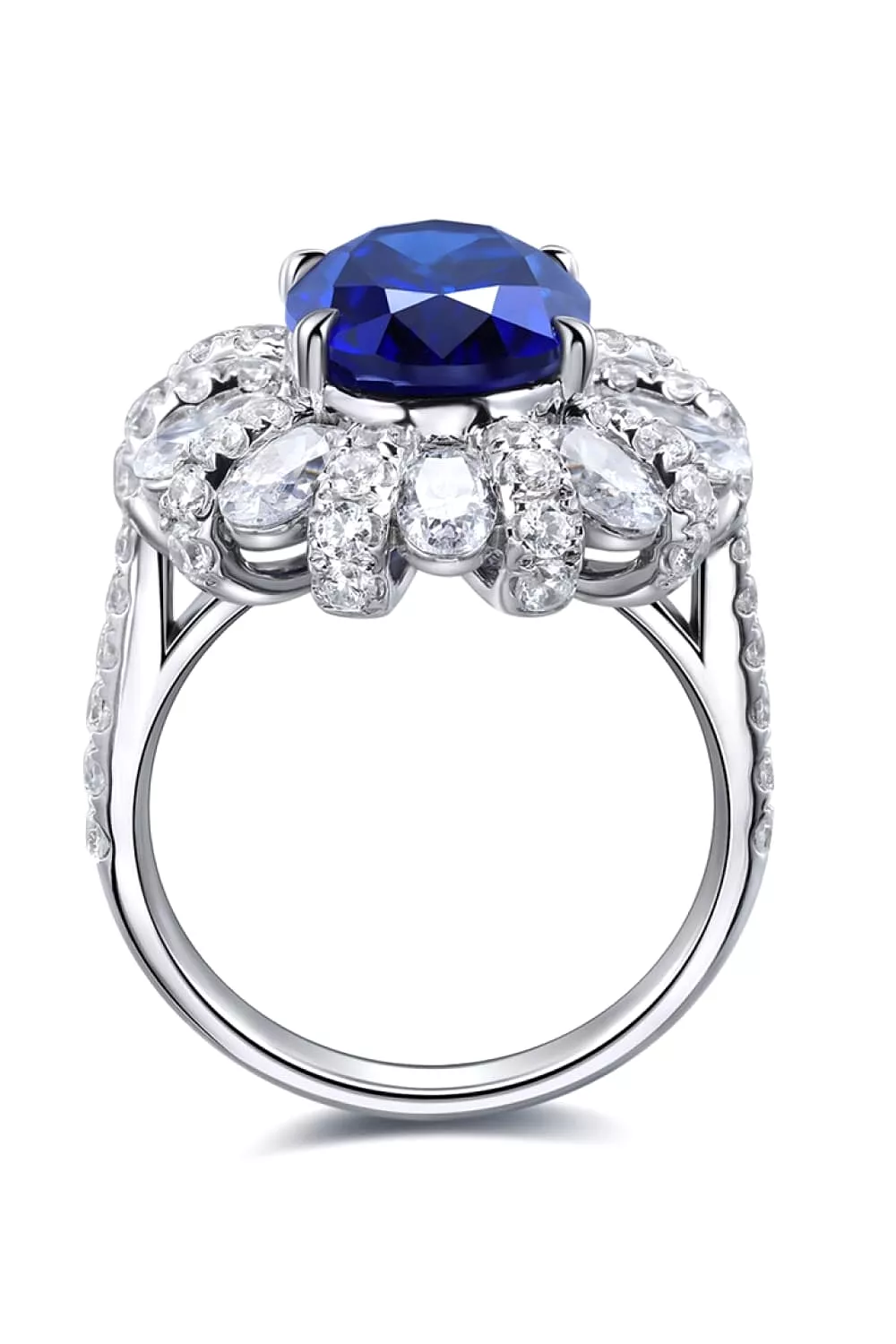 Oval Sapphire in Flower Shape CZ Ring