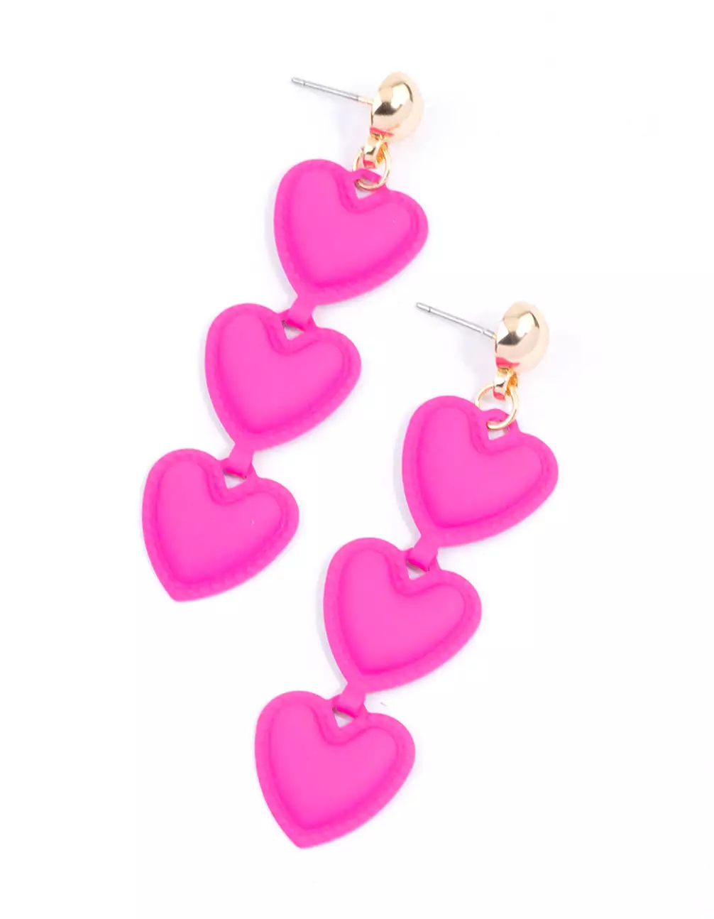 Pink Triple Puffy Heart Drop Earrings