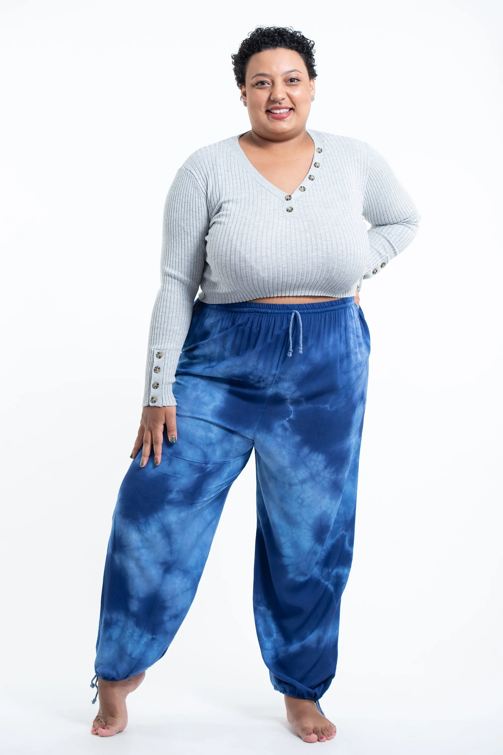 Plus Size Tie Dye Drawstring Women's Yoga Massage Pants in Blue