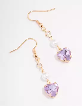 Purple Heart & Pearl Drop Earrings