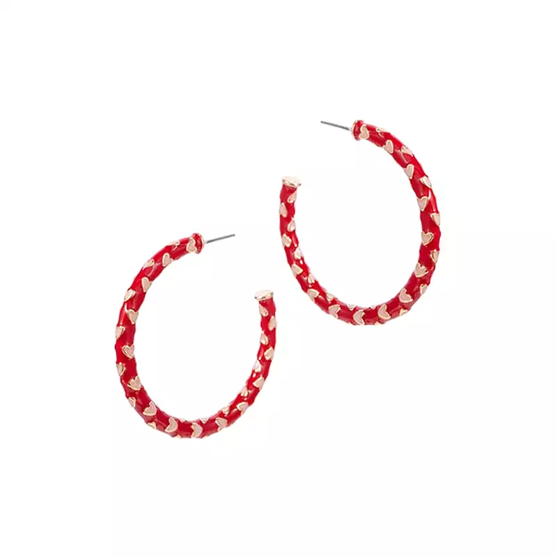 Red and White Heart Hoop Earrings