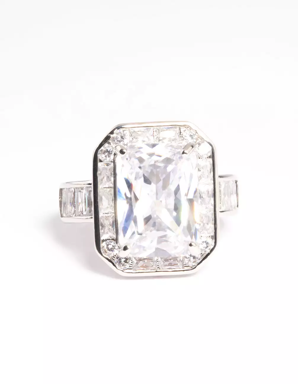 Rhodium Cubic Zirconia Emerald Cut Ring