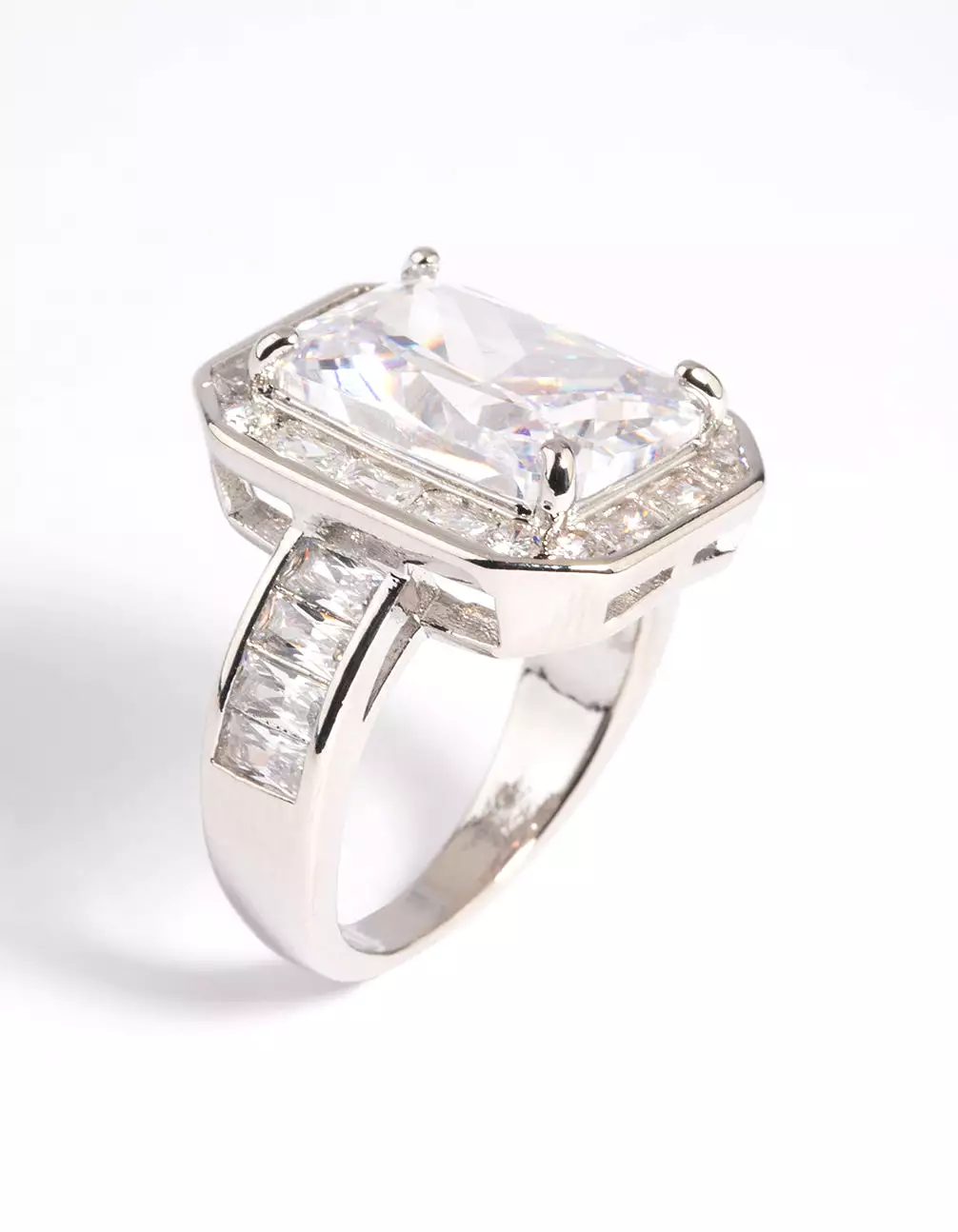 Rhodium Cubic Zirconia Emerald Cut Ring