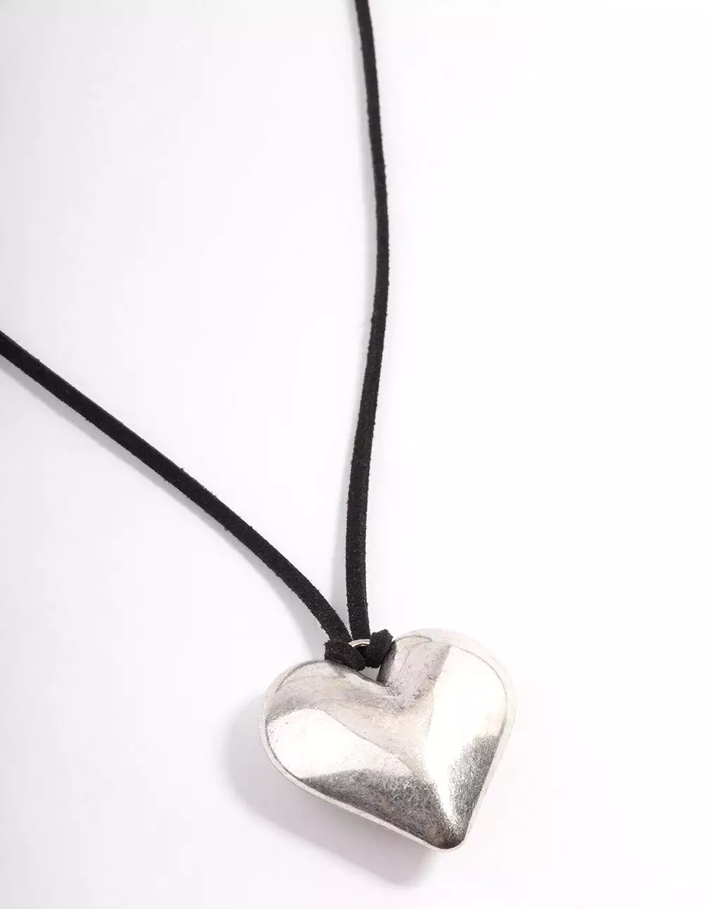 Rhodium Puffy Heart Black Suede Adjustable Cord Necklace