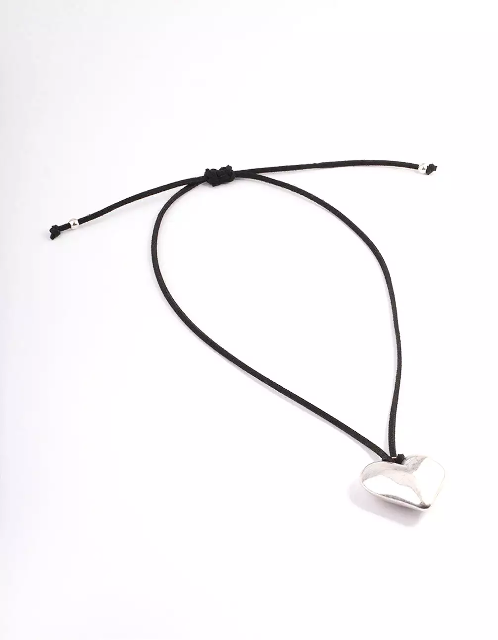 Rhodium Puffy Heart Black Suede Adjustable Cord Necklace