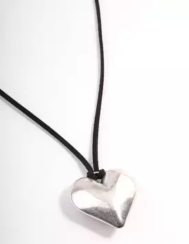 Rhodium Puffy Heart Black Suede Adjustable Cord Necklace