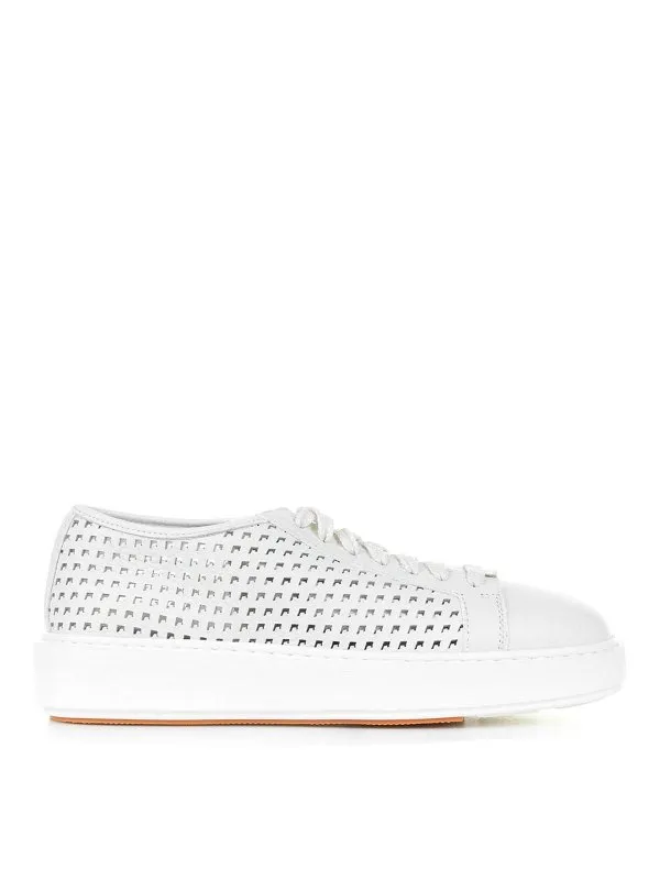 Santoni White Sneaker In Perforated Leather