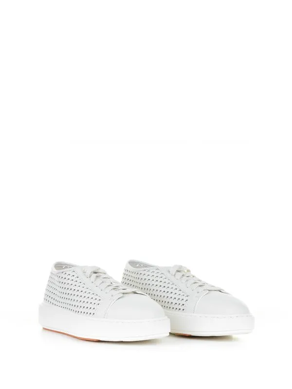 Santoni White Sneaker In Perforated Leather