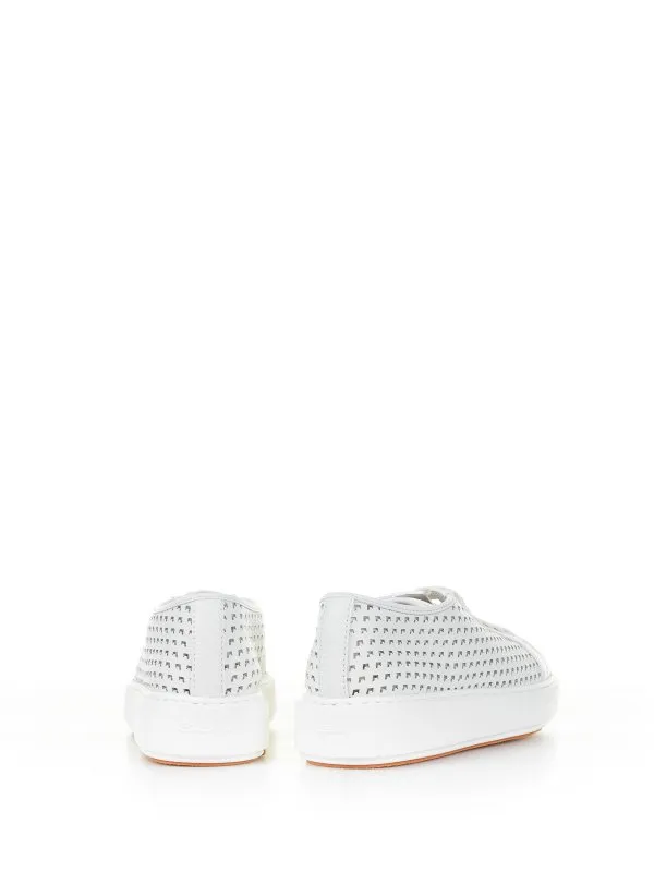 Santoni White Sneaker In Perforated Leather