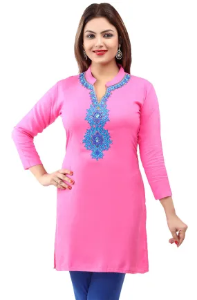 Short Kurti Women's Blouse Embroidered Indian Clothing (Pink)